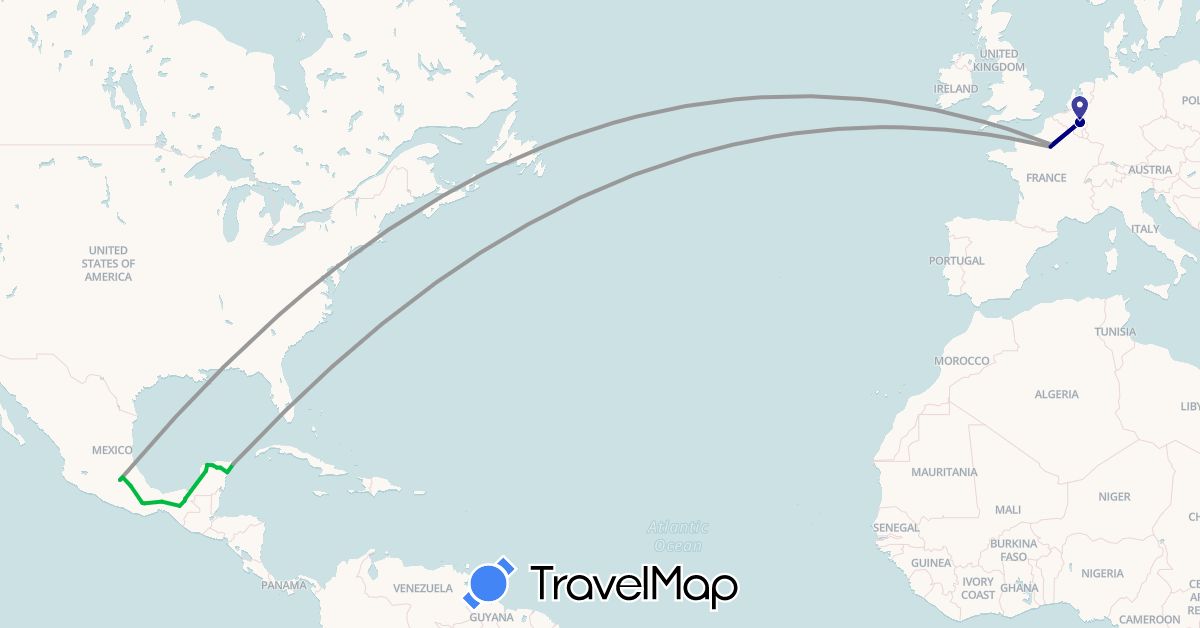 TravelMap itinerary: driving, bus, plane in Belgium, France, Mexico (Europe, North America)